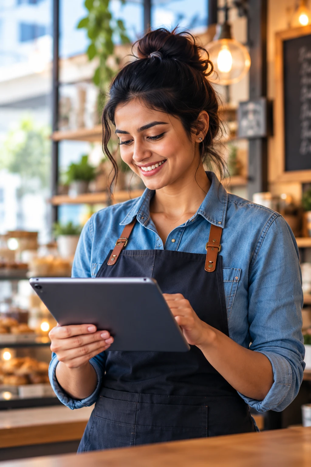 A café owner checking her LuvLit dashboard on a tablet